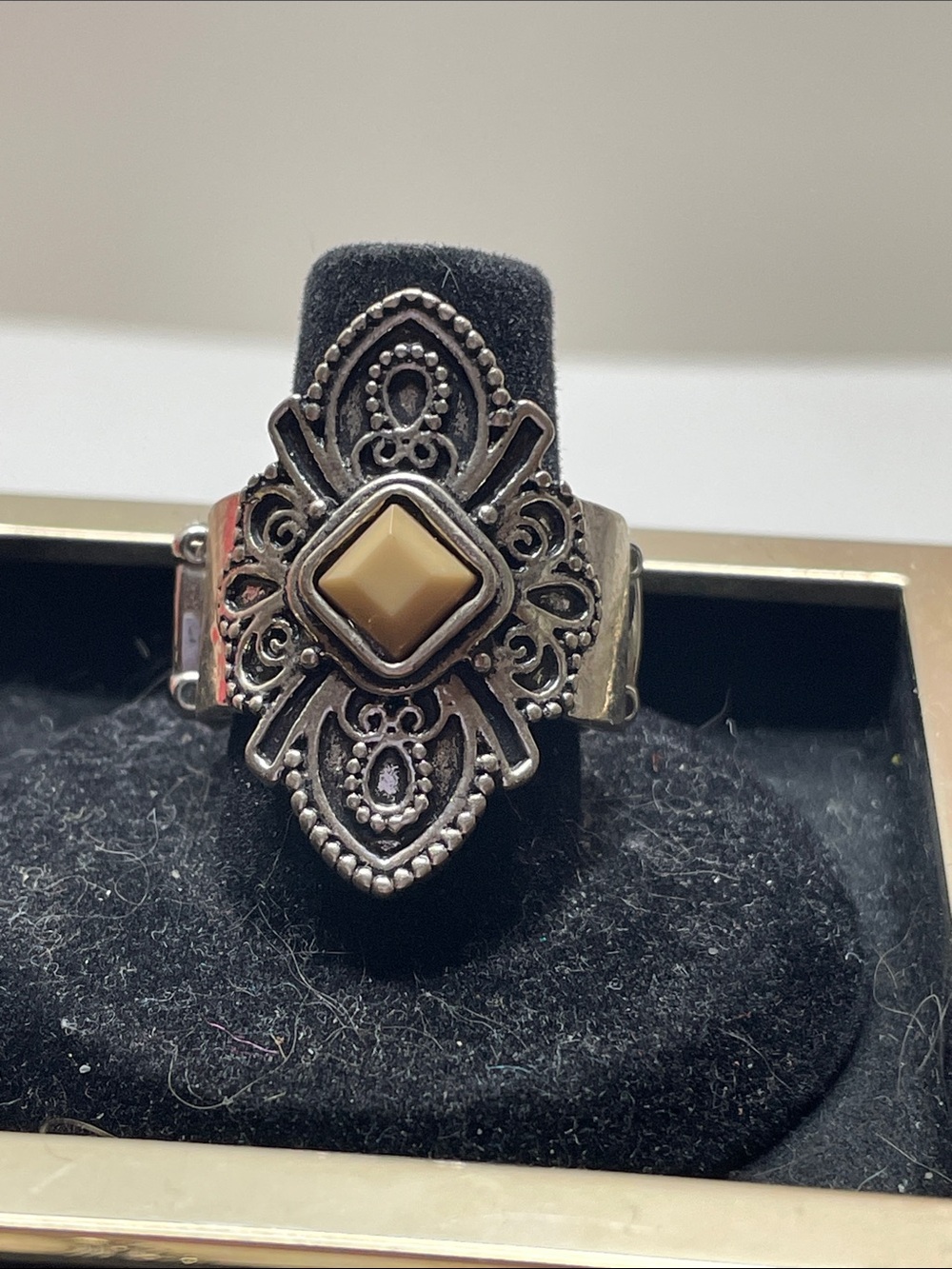 Ornate Silver-Tone Ring with Cream Center Bead - Women Jewelry